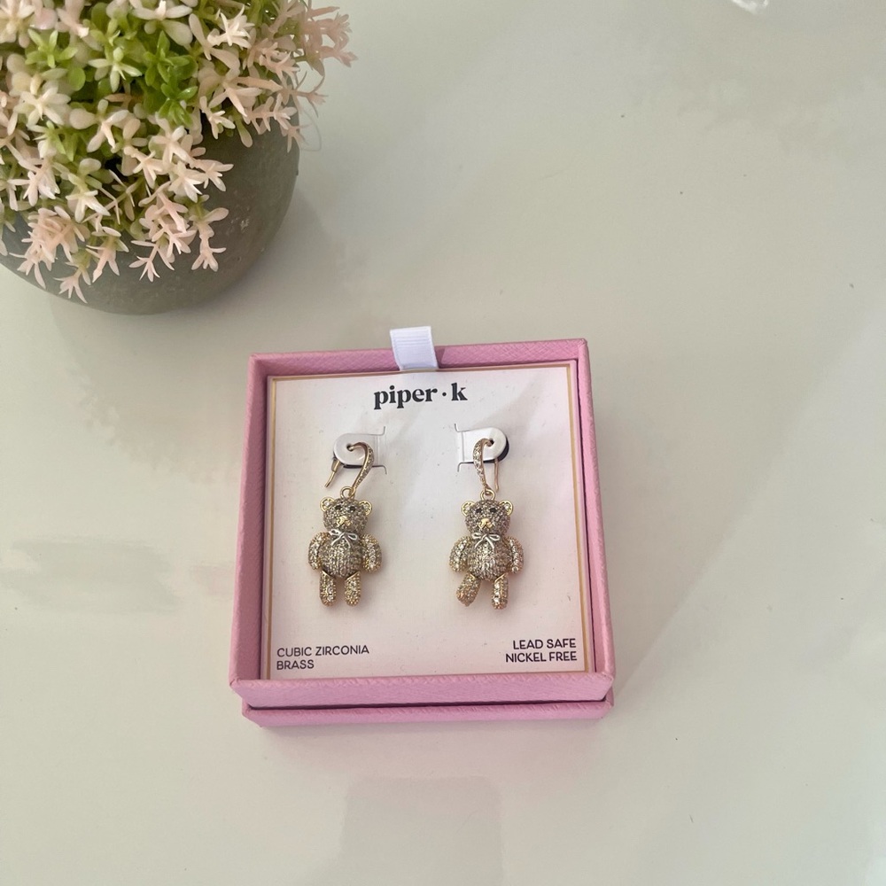 Piper K. Gold Tone Crystal Teddy Bear Drop Earrings - Picture 3 of 6